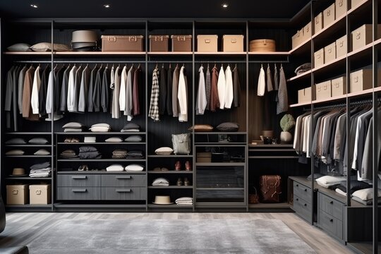 Modern minimalist men walk in wardrobe with clothes