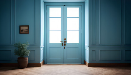 Obraz premium Bedroom with blue walls and double door