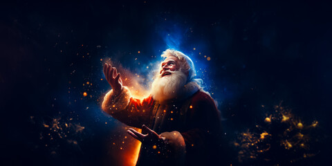 Illusration of Santa Claus or Saint Nicholas makes a magic on sparks sky background. Christmas fairytale