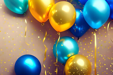  Shimmering Blue and Gold Balloons Amidst a Shower of Golden Confetti Against a Purple Gradient Backdrop