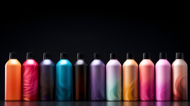 Multi-colored cosmetic bottles in a line