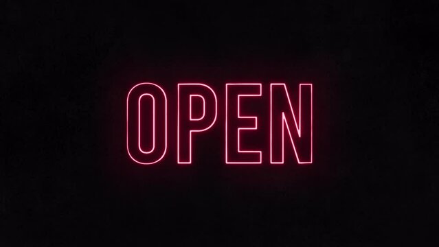 3d neon open sign. Illuminated entrance signboard. Shiny night club signage. Black blink background. Dark art symbol. Red opening icon. Glow light text. Bright motion graphic animation. Electric board