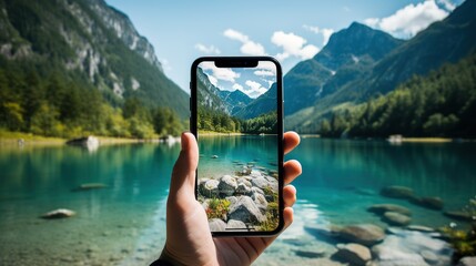 person holding a phone taking a photo of jiuzhaigou
