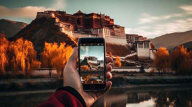 person holding a phone taking a photo of Potala Palace
