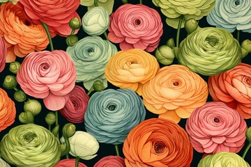Illustration of colorful ranunculus flowers on a floral background. Generative AI - obrazy, fototapety, plakaty