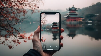 person holding a phone taking a photo of cherry blossom - obrazy, fototapety, plakaty
