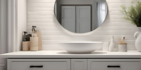 tabletop counter with a towel. in front of bright out of focus bathroom. copy space