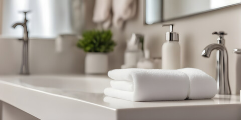 tabletop counter with a towel. in front of bright out of focus bathroom. copy space