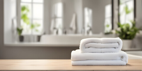 tabletop counter with a towel. in front of bright out of focus bathroom. copy space