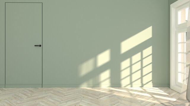 Scena con parete vuota rosa porta a filomuro e riflesso finestra, con pavimento in marmo. Scene with empty wall green flush door and window reflection, with wood floor.