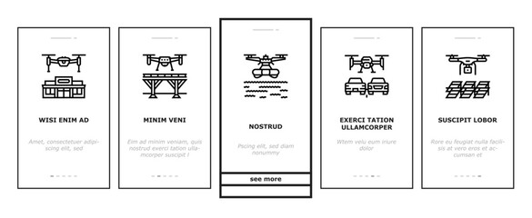 drone commercial use onboarding mobile vector industry survey, operator weather safety, surveyor land, city agriculture, digital drone commercial use illustrations