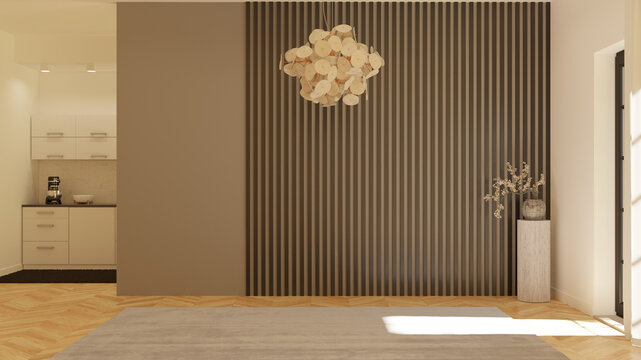 Scena con parete vuota con listelli di legno, riflesso finestra con pavimento in legno e cucina a vista. Scene with empty wall with wooden slats, window reflection with wooden floor and open kitchen.