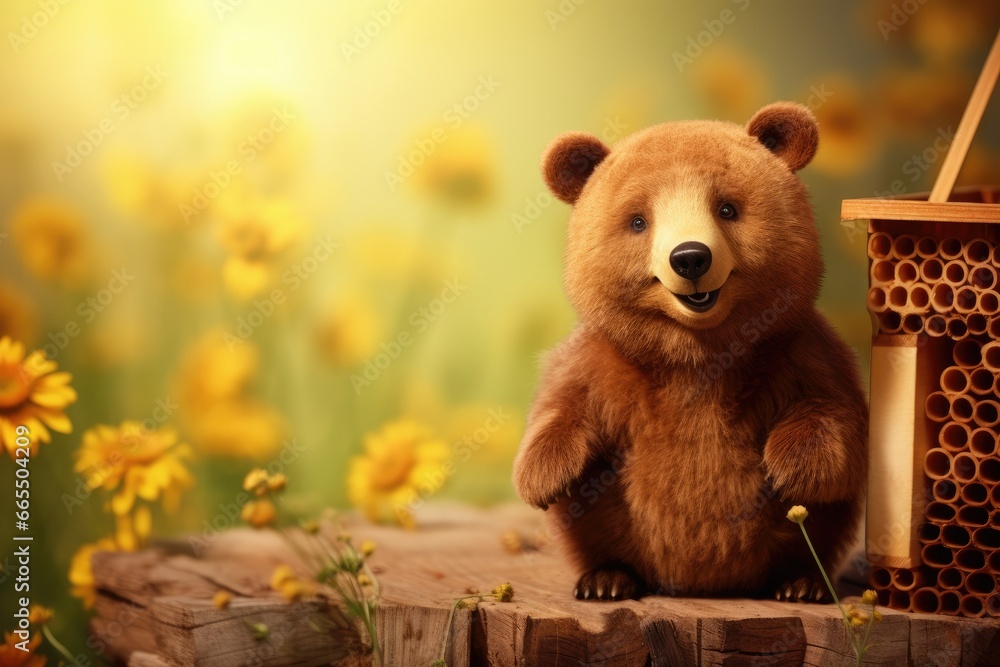 Poster a bear sitting on a log next to a beehive. generative ai