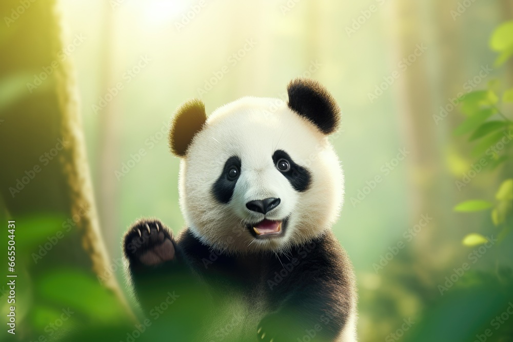 Poster a panda bear standing in the middle of a forest with its paws on a tree. generative ai