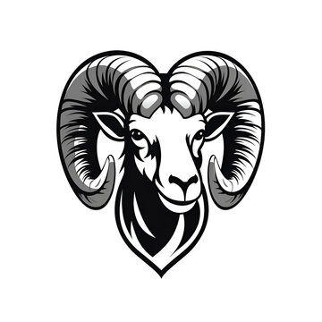 ram's head with twisted horns, black and white icon. muzzle of a pet. the aries icon.