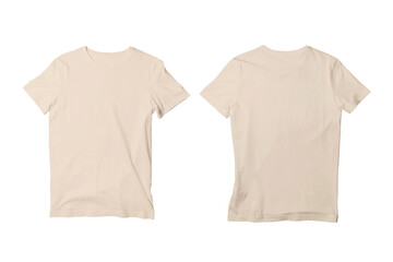 Blank Beige Isolated Unisex Crew Neck Short Sleeve T-Shirt Front and Back View Mockup Template