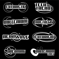 Y2K Logo Graphic Assets frame Design, Lettering design. Big collection of typography or typeface abstract graphic Pack. y2k elements. stickers, posters, banners, logo, streetwear. Vector illustration