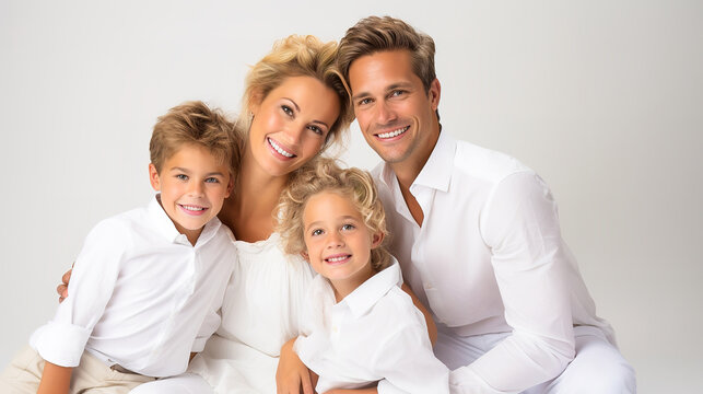 Happy couple with children are photographed in the studio in white clothes.
