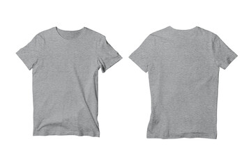Heather Grey Unisex Crew Neck Short Sleeve T-Shirt Front and Back View Mockup Template - obrazy, fototapety, plakaty