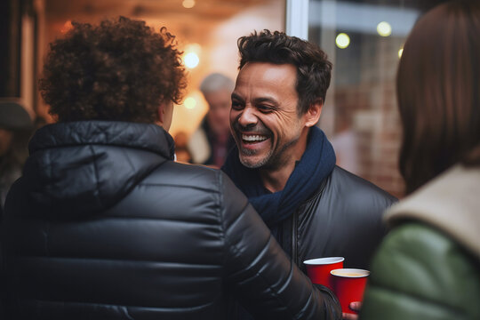Joyful middle-aged man laughing with friends during a cozy evening gathering. Warm lighting enhances the close-knit camaraderie of diverse individuals sharing a candid moment.