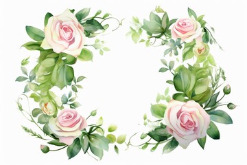 A wreath made of watercolor roses and greenery. Generative AI