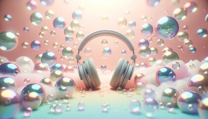 A vibrant soundscape comes to life as soap bubbles dance around a levitating pair of headphones, transporting the viewer into a dreamy world of music and wonder - obrazy, fototapety, plakaty