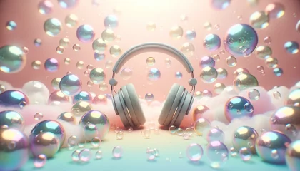 Poster A vibrant soundscape comes to life as soap bubbles dance around a levitating pair of headphones, transporting the viewer into a dreamy world of music and wonder © Glittering Humanity