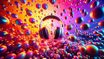 Immerse yourself in a whimsical world of vibrant colors and playful bubbles, as a levitating pair of headphones adds a touch of musical artistry to the abstract canvas of soap suds and light - obrazy, fototapety, plakaty
