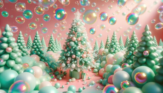 A vibrant, frothy spectacle of holiday magic as a levitating christmas tree adorned with colorful soap bubbles creates an ethereal scene of wonder and joy