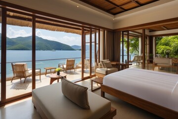 Modern bedroom with panoramic window in a villa with a sea view. Resort hotel room