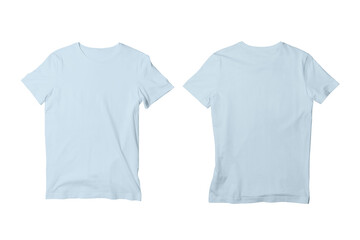 Blank Light Blue Isolated Unisex Crew Neck Short Sleeve T-Shirt Front and Back View Mockup Template - obrazy, fototapety, plakaty