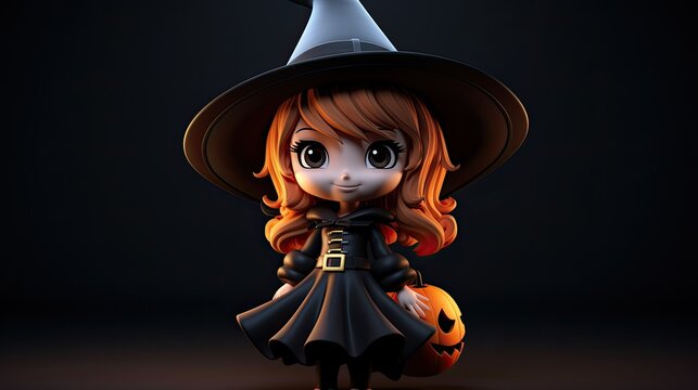 3D rendered cute halloween witch isolated on black background