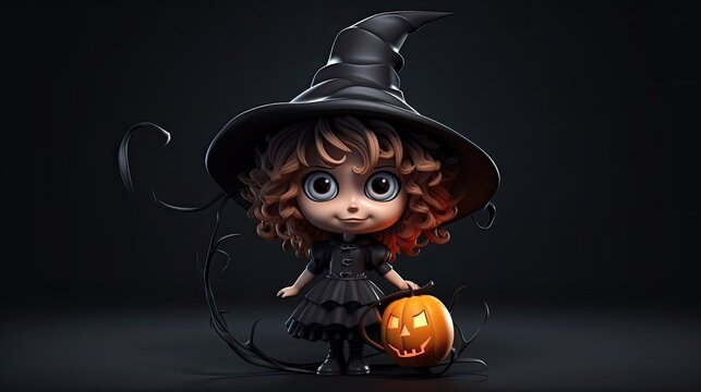 3D rendered cute halloween witch isolated on black background