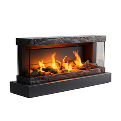 modern fireplace with burning logs on a white background, PNG, transparent background