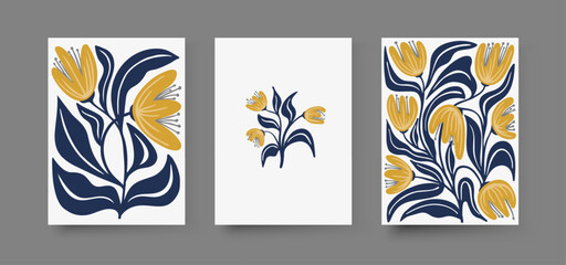 Flower Market posters abstract Set. Trendy botanical wall arts with floral design in danish pastel colors. Modern naive groovy hippie funky interior decorations, paintings. Vector art illustrations.