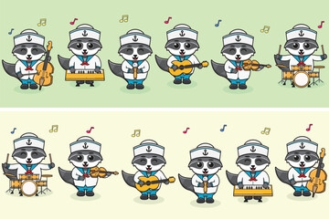 Vector Illustration of Cute Raccoon sailors Music Band. Big set of cute Animal cartoon in professions. Raccoon Cartoon flat style.