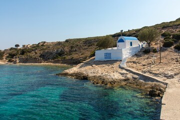 Plati - small island with church of Agios Nikolaos, Kos, Dodecanese, Greece, with beautiful bay...