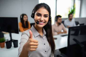 young indian call center woman showing thumbs up. - obrazy, fototapety, plakaty