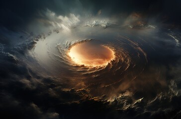 storm clouds over the sea in space with lights in the center