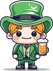 Leprechaun with beer character cartoon vector illustration. St. Patricks Day.
