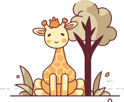Cute giraffe sitting on a tree. Vector illustration in flat style.