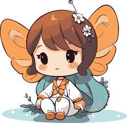 Illustration of a Cute Little Angel Sitting on the Ground with Flowers