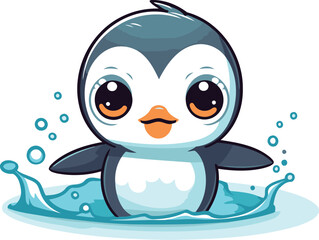 Cute cartoon penguin swimming in the sea. Vector illustration.