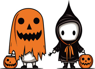 Minimalistic vector illustration of a spooky trick or treat scene.