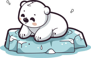 Cute polar bear sitting on ice floe. Vector illustration.