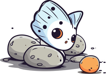 Butterfly sitting on stones and holding orange. Vector illustration.