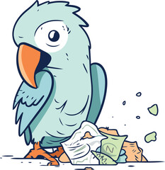 Cartoon parrot with garbage in its beak. Vector illustration.