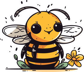 Cute cartoon bee with flower. Vector illustration isolated on white background.