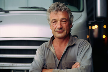 chauffeur routier qui pose devant son camion semi remorque