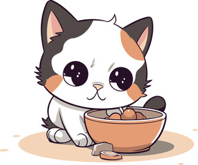 Cute cat with bowl of food. Vector illustration in cartoon style.